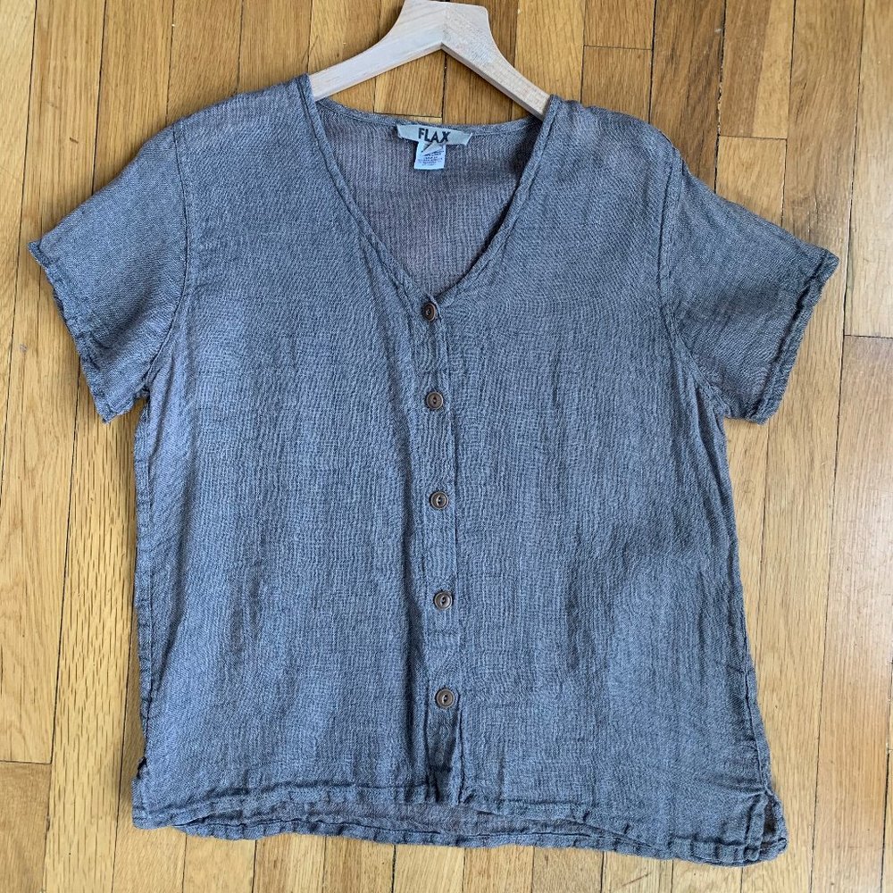 Flax Vintage Linen Short Sleeve Button Front Top Grey Small